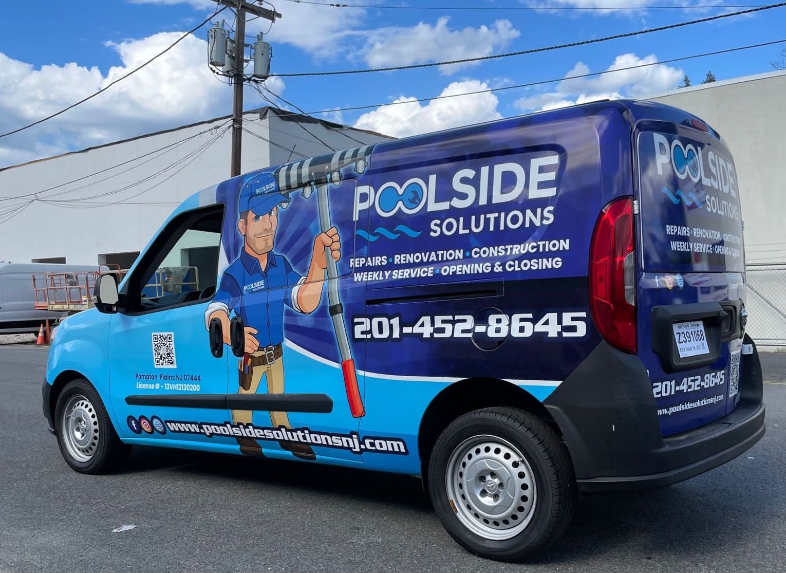 A poolside solutions van is parked on the side of the road