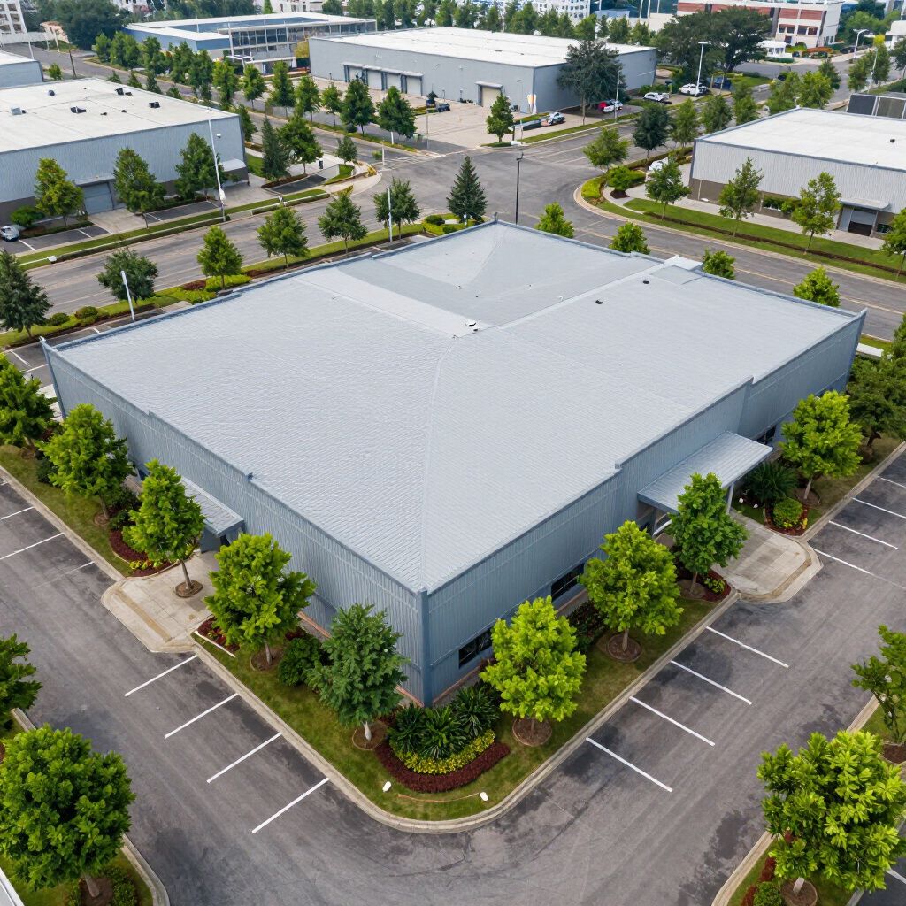 Aerial view of a gray industrial building with a large parking lot and surrounding trees.