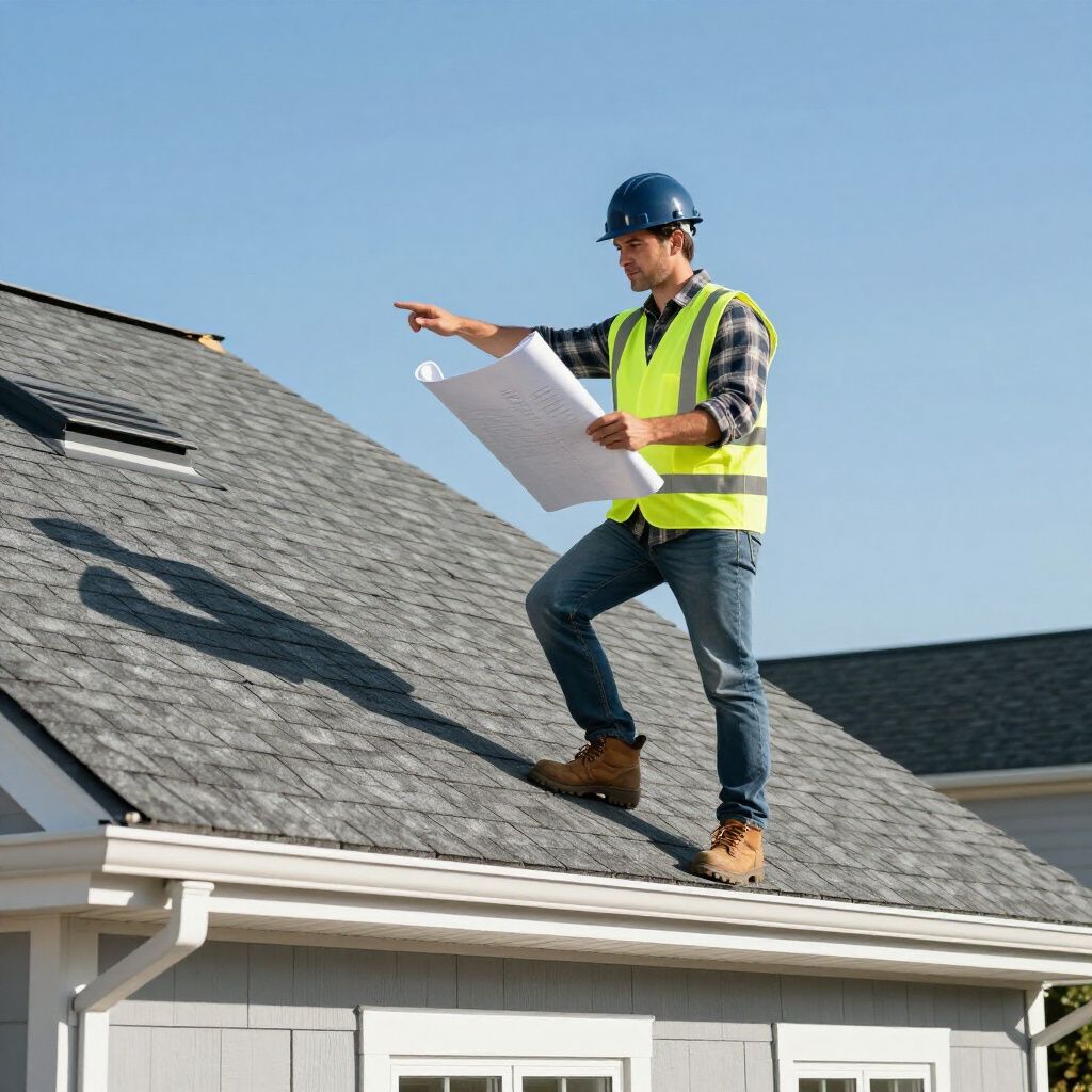 Construction worker on a roof, pointing, holding blueprints, wearing a hard hat and safety vest.