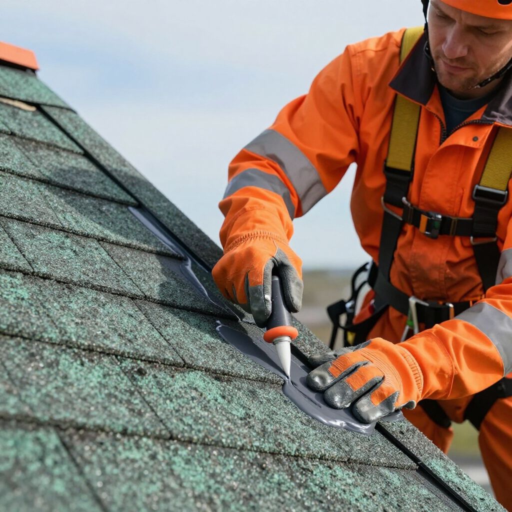 Roofer in orange jumpsuit repairing shingles on a roof, using a caulking tool.