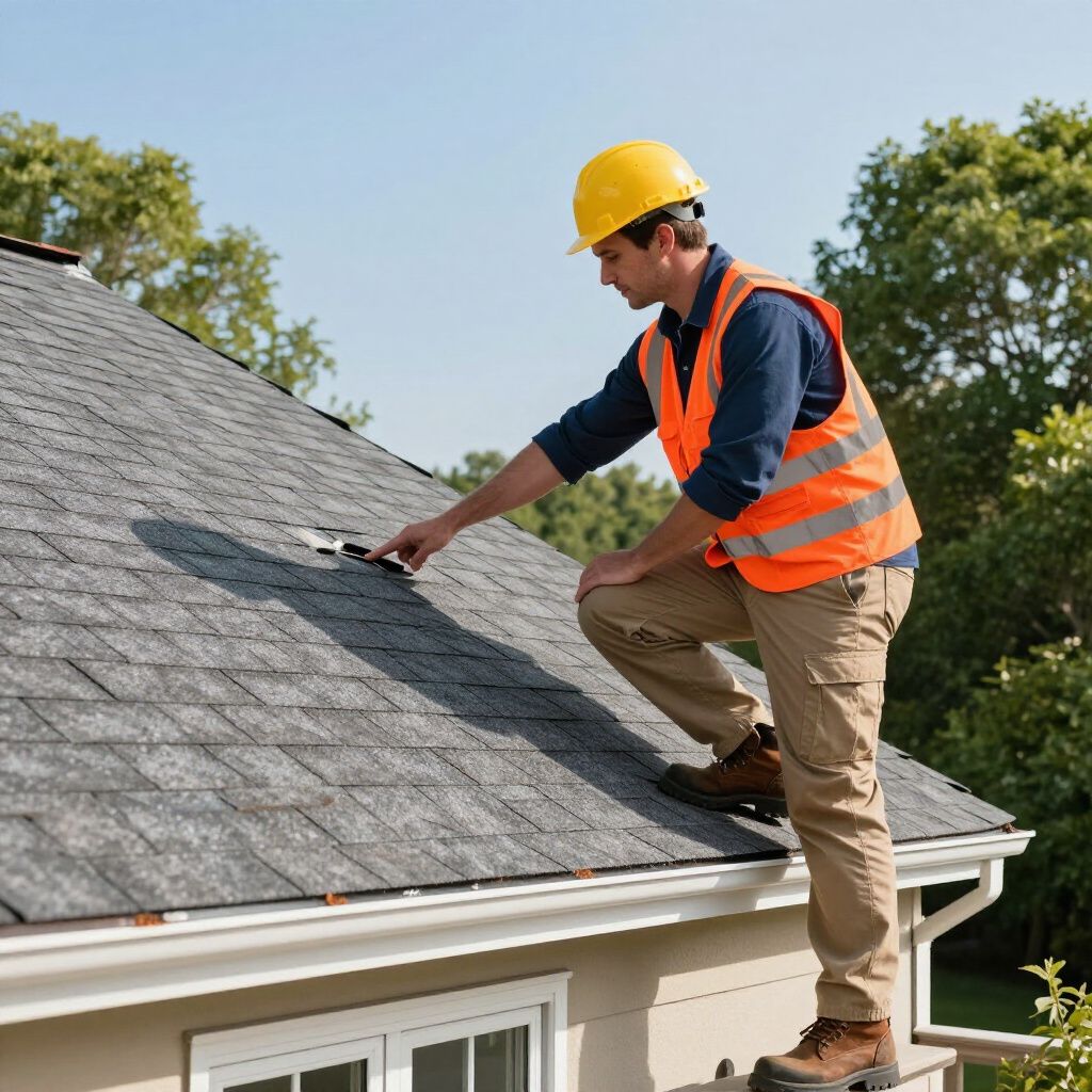 Roofer in safety gear inspecting a shingled roof, outdoors in sunlight.