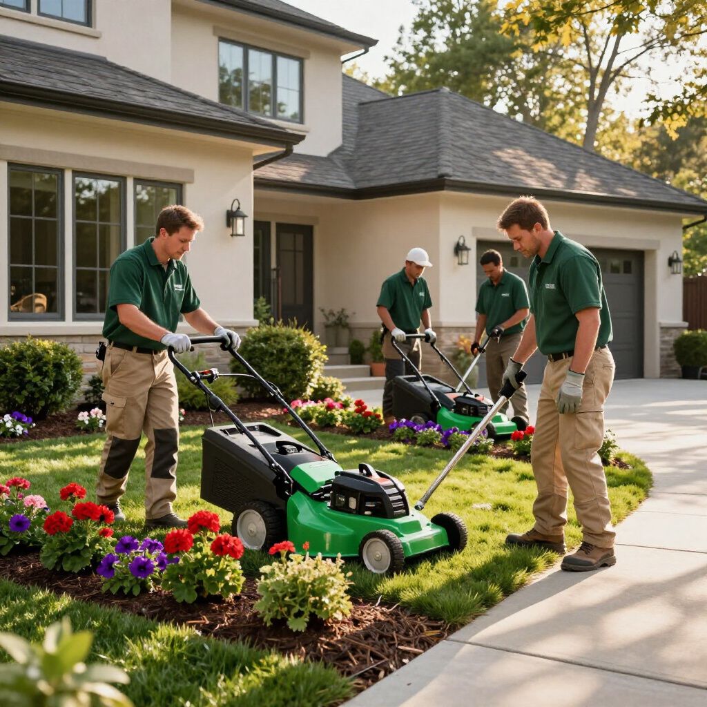 Four landscapers mowing a lawn in front of a house, using green mowers and wearing green shirts and tan pants.
