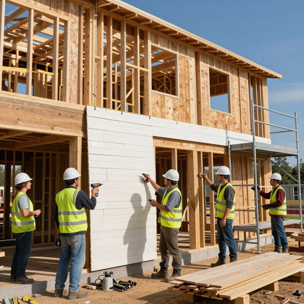 Construction workers installing siding on a two-story house frame. They wear hard hats and safety vests.