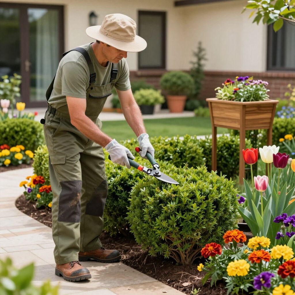 Man pruning a green bush in a garden with colorful flowers, wearing overalls and a hat.