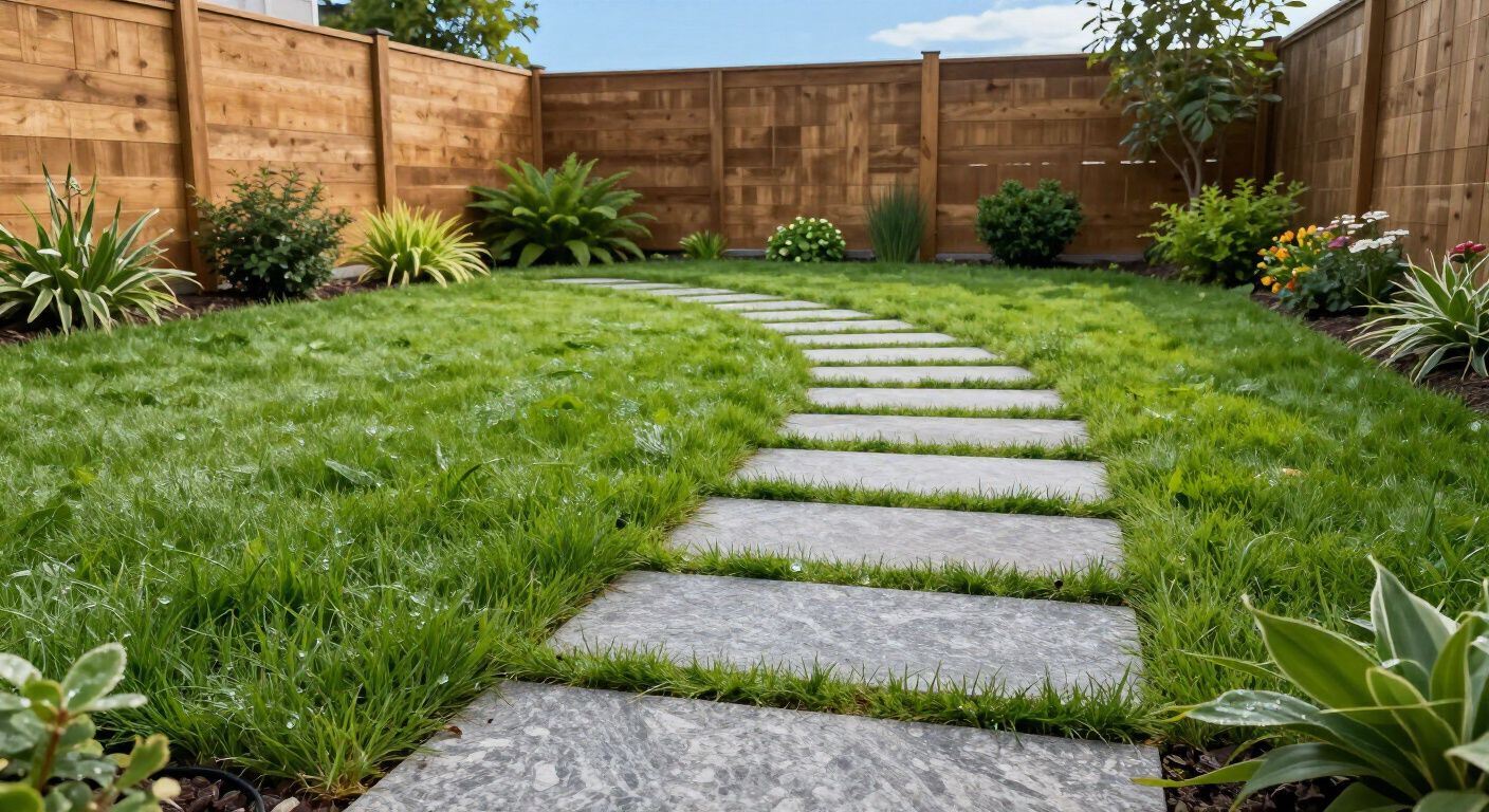 Stone path through a grassy yard, bordered by plants and a wooden fence.