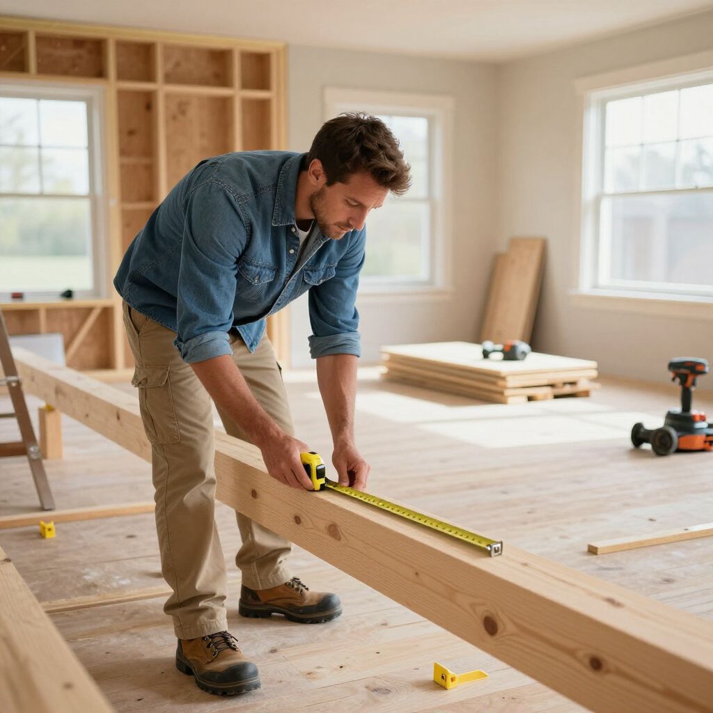 Man measuring wood beam with a tape measure in a room under construction.