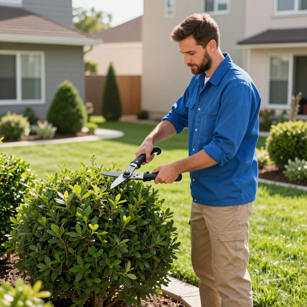 Man trimming a green bush with hedge shears in a sunny yard.