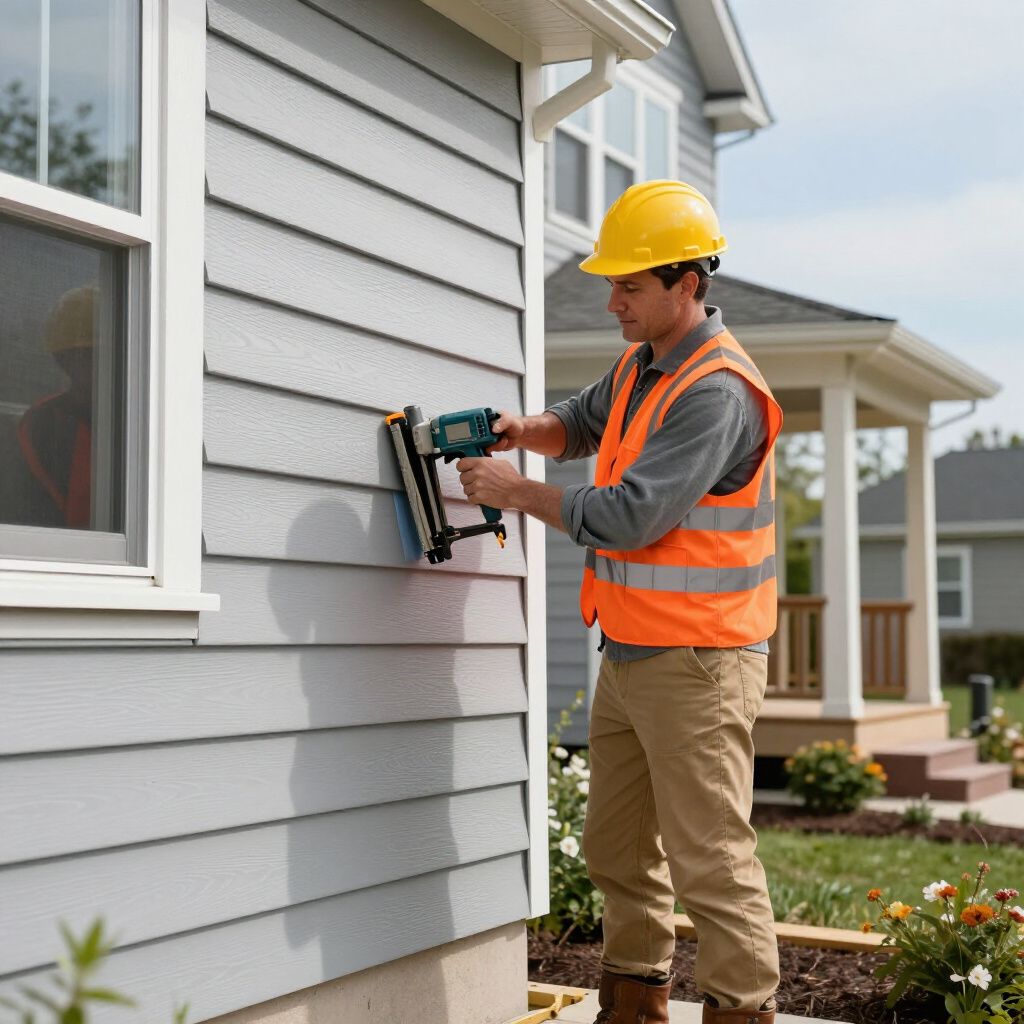 Construction worker using a nail gun to install siding on a house. He wears a hard hat and safety vest.