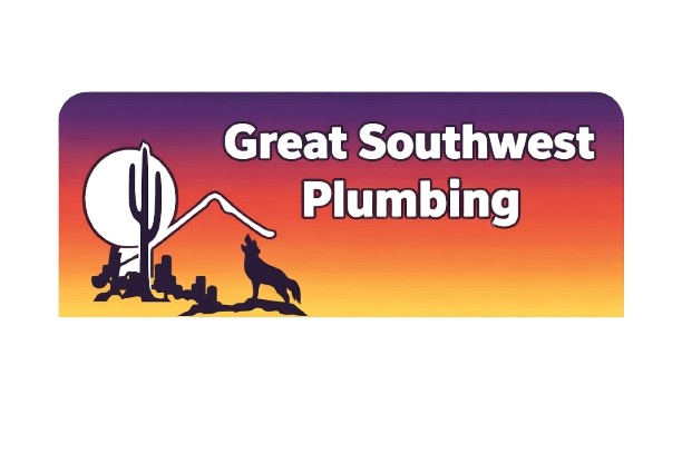 Logo for Great Southwest Plumbing with desert scene, howling wolf, and text on a sunset background.