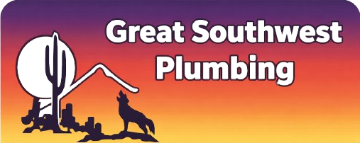 Logo for Great Southwest Plumbing with desert scene, howling wolf, and text on a sunset background.