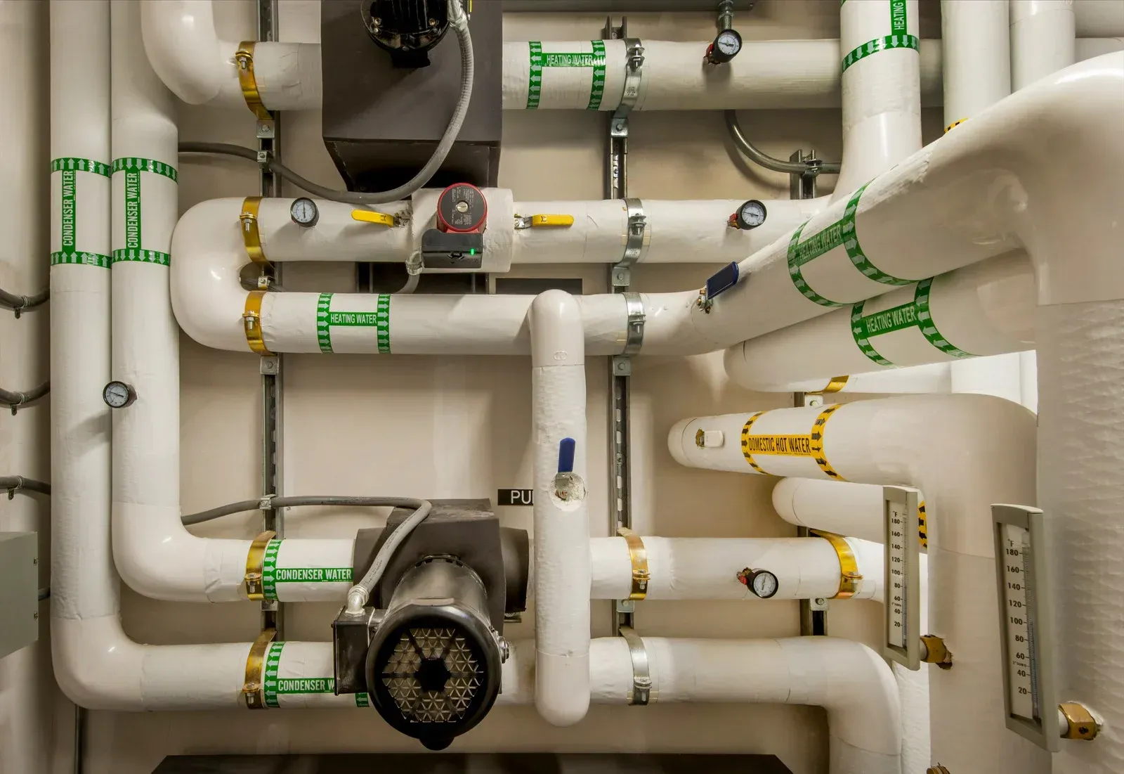 White pipes with green and yellow bands, gauges, and valves, on a wall.