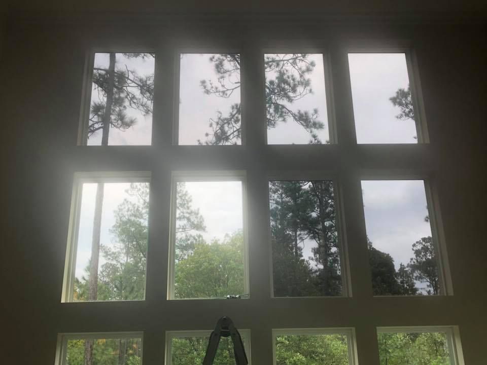 A person is standing in front of a large window with trees reflected in it.