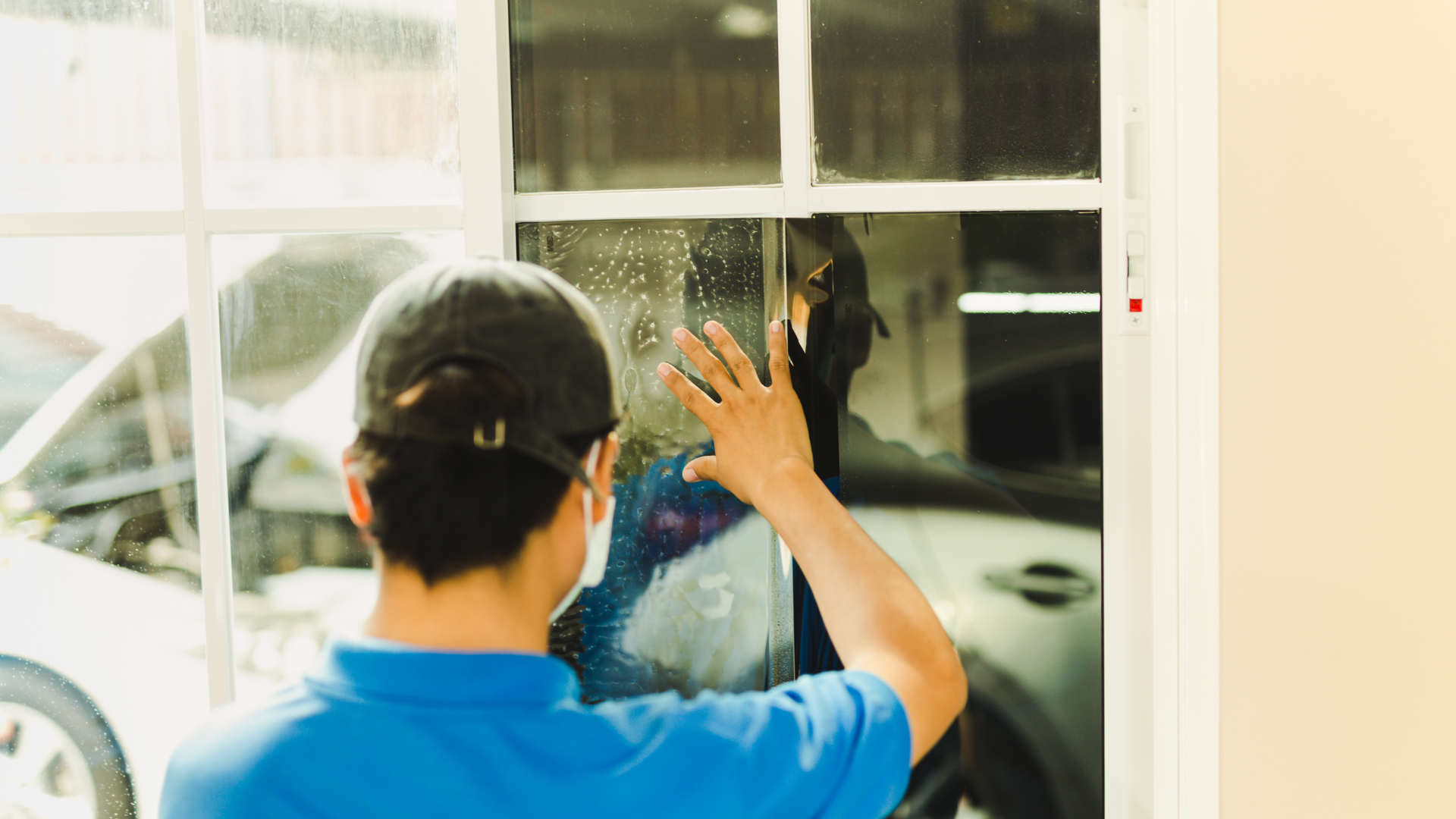 A man wearing a mask is applying tinted glass to a window.