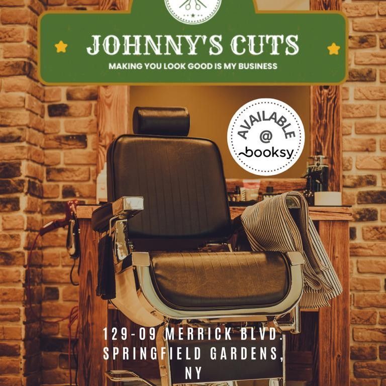 Barber shop advertisement: black barber chair, brick wall background, Johnny's Cuts sign, Booksy availability, address in Springfield Gardens, NY.