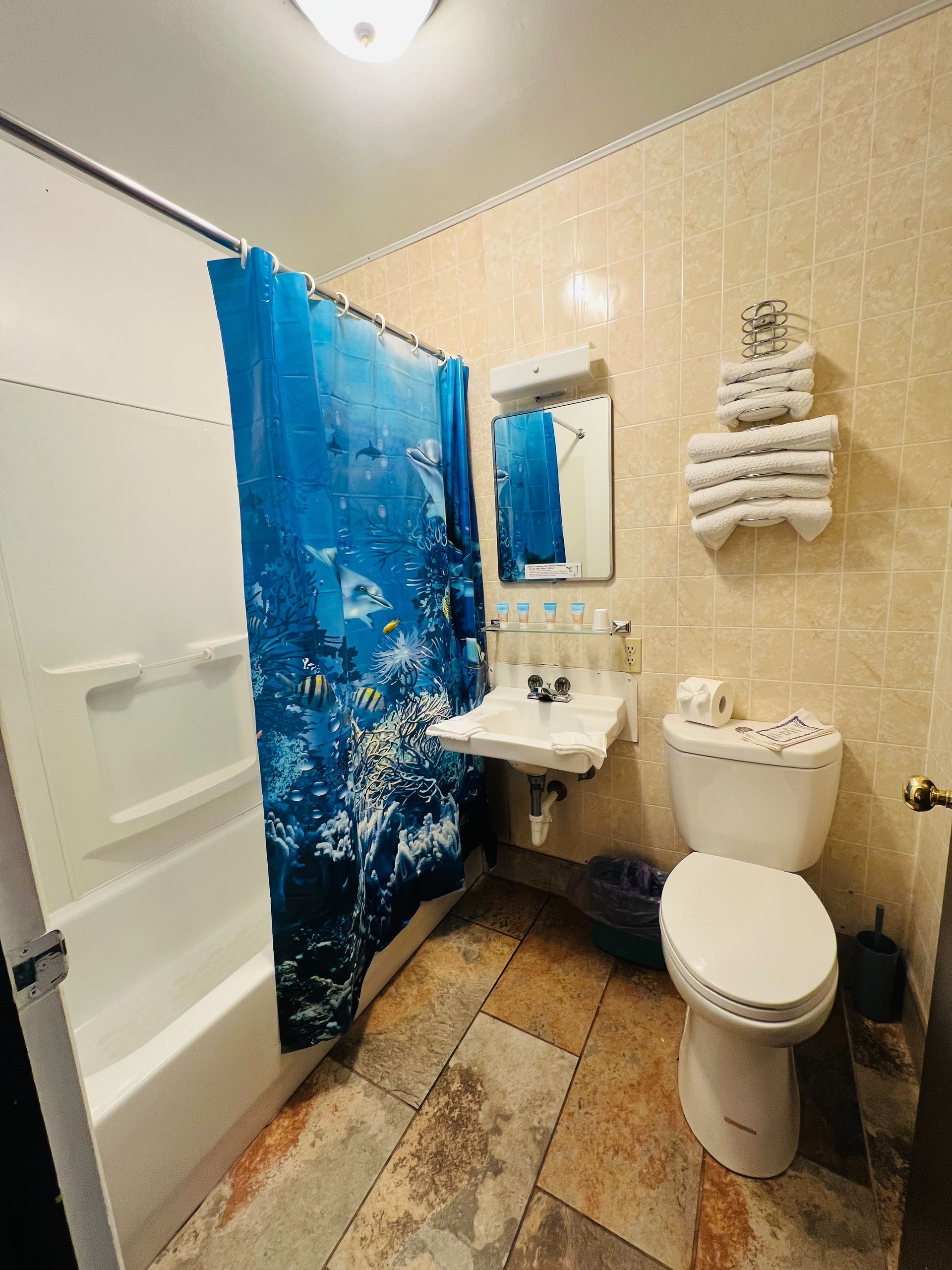 A bathroom with a toilet , sink , and shower curtain.