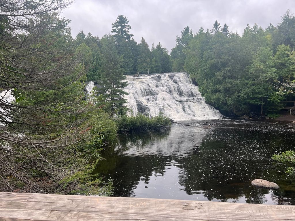 A waterfall is surrounded by trees and a body of water