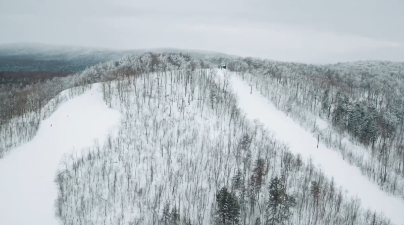 An aerial view of a snowy mountain with trees covered in snow.