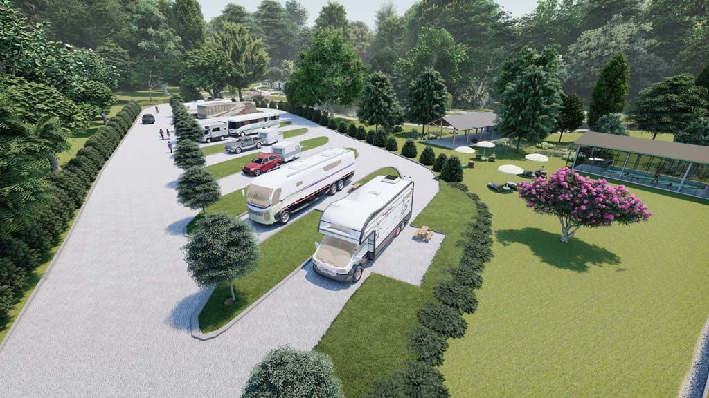 An artist 's impression of a rv park with a lot of rvs parked in a lot.