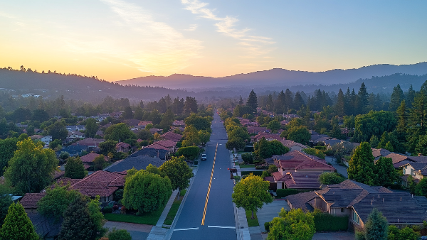 An aerial view of a residential neighborhood at sunset with mountains in the background.