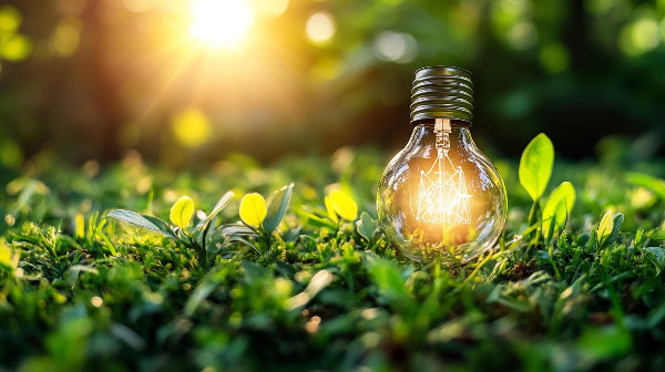 A light bulb is sitting in the grass.