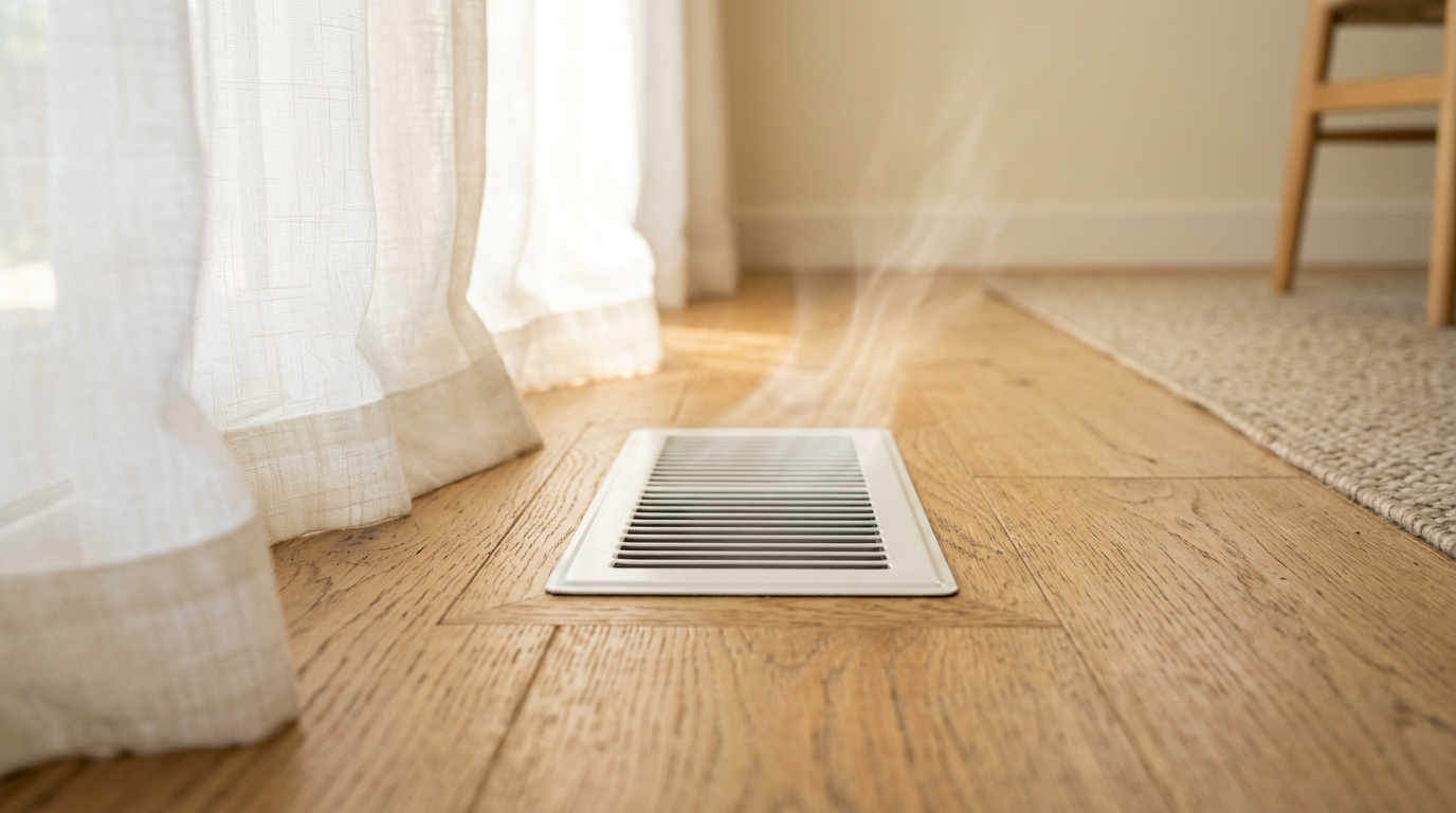 White floor vent on a light wood floor beside sheer curtains in a sunlit room