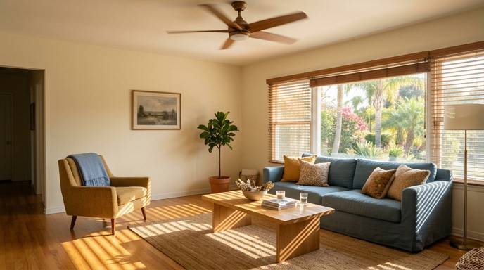 Sunlit living room with blue sofa, wooden coffee table, armchair, and large window blinds