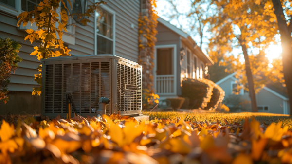Air conditioner unit surrounded by fallen yellow leaves in front of a house with sunlight.
