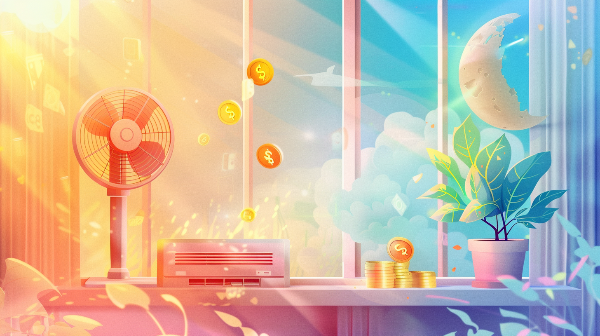 A room with a fan, coins a plant and a window.