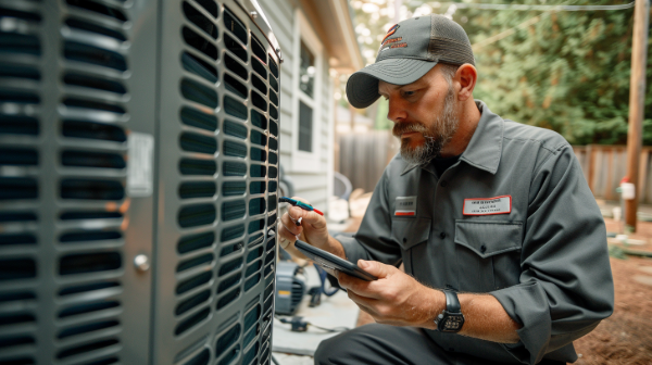 HVAC technician inspecting an AC unit outdoors, using a tablet.