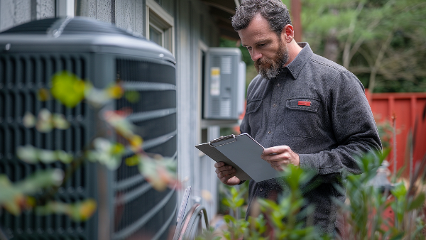 A man is looking at a clipboard in front of an air conditioner.