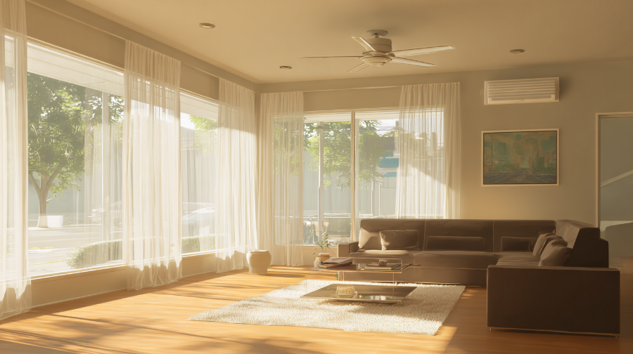 Sunlit modern living room with large windows, sheer curtains, sofa, armchair, and rug