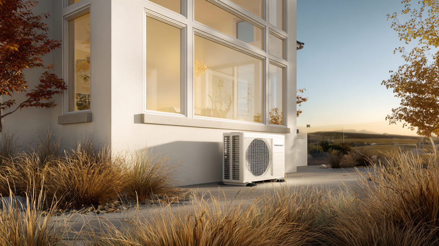 A white heat pump unit placed on a stone patio beside a modern white house with large windows at sunset.