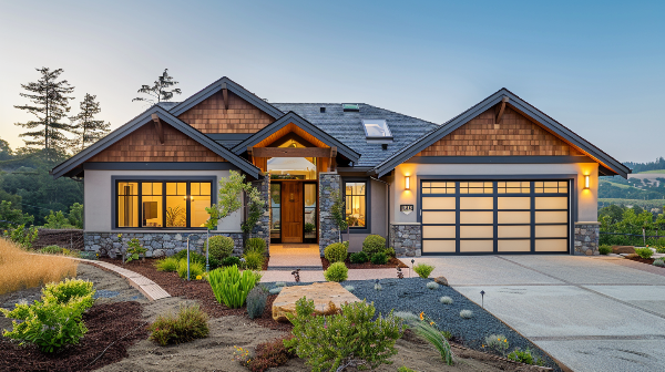 A large house with a large garage door is sitting on top of a hill.