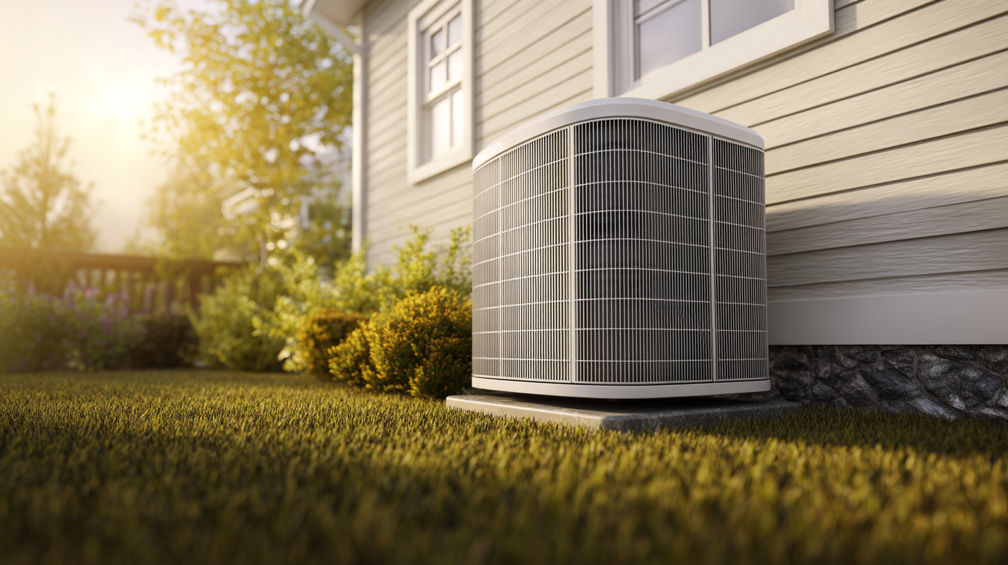 An air conditioning unit sits on a concrete pad next to a light-colored house in a grassy yard during sunset.