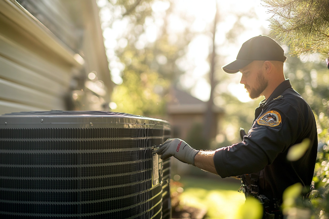 A man is working on an air conditioner outside of a house.