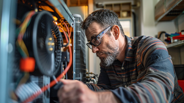 A man is working on a machine in a garage.
