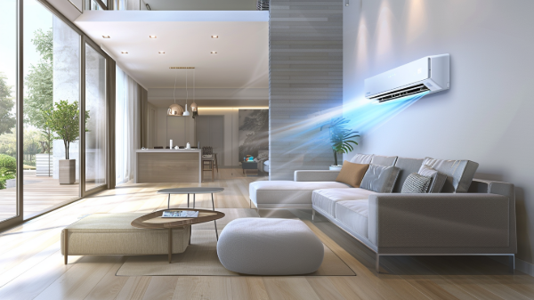 Modern living room with a running AC unit blowing cool air.