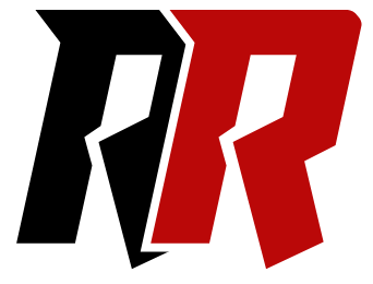 Een zwart en rood rr-logo op een witte achtergrond.