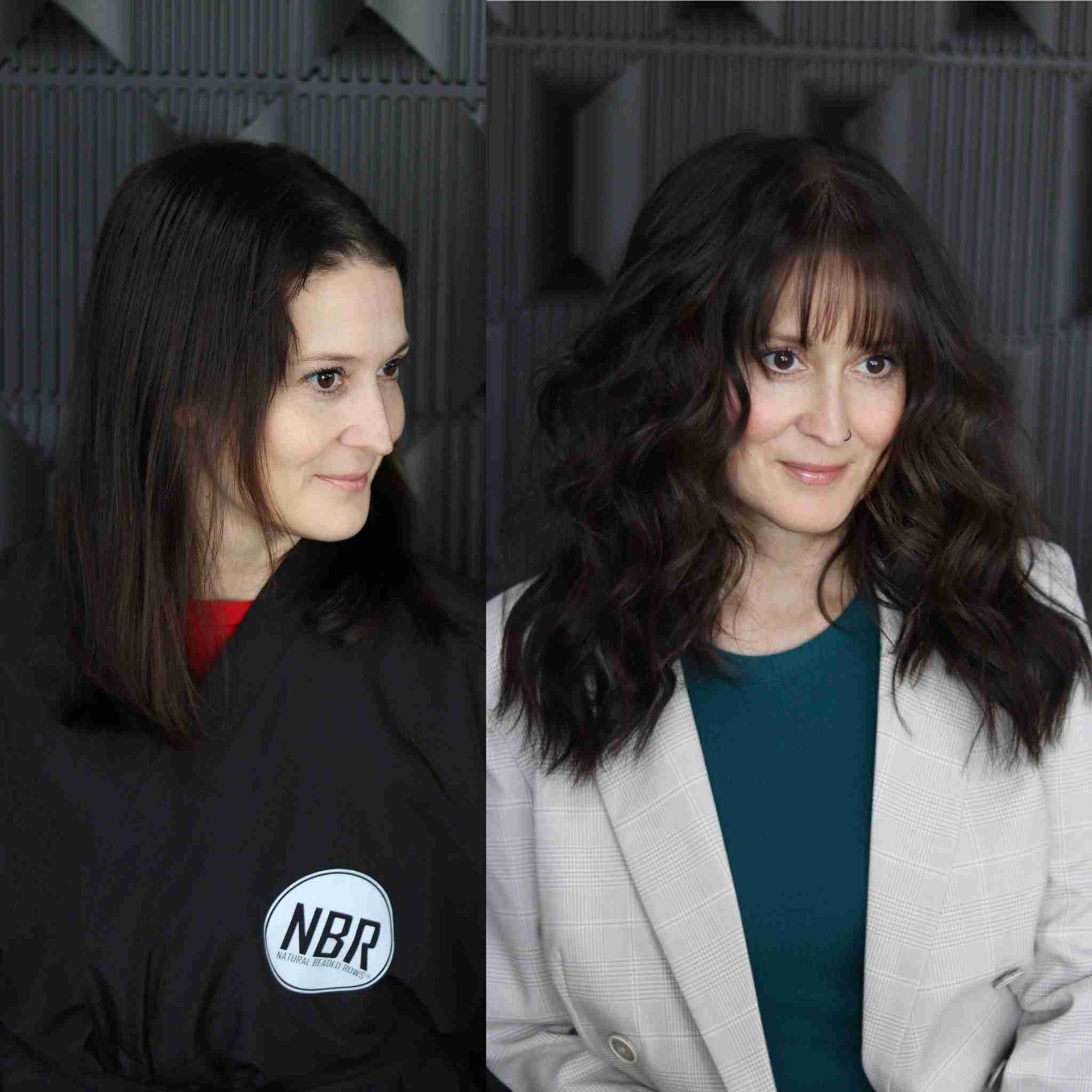 A before and after photo of a woman with long hair.