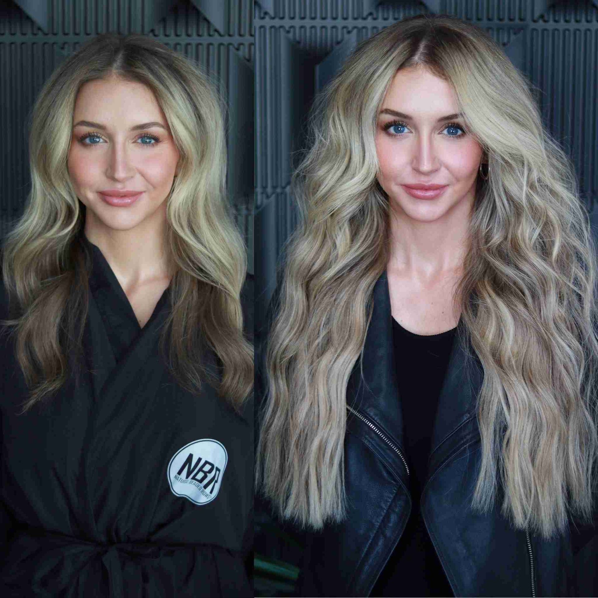 A before and after photo of a woman with long blonde hair