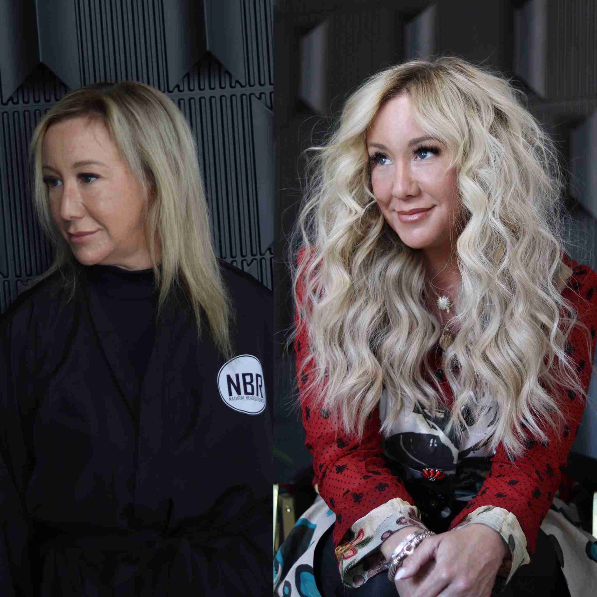 A woman with blonde hair is sitting next to another woman with blonde hair.