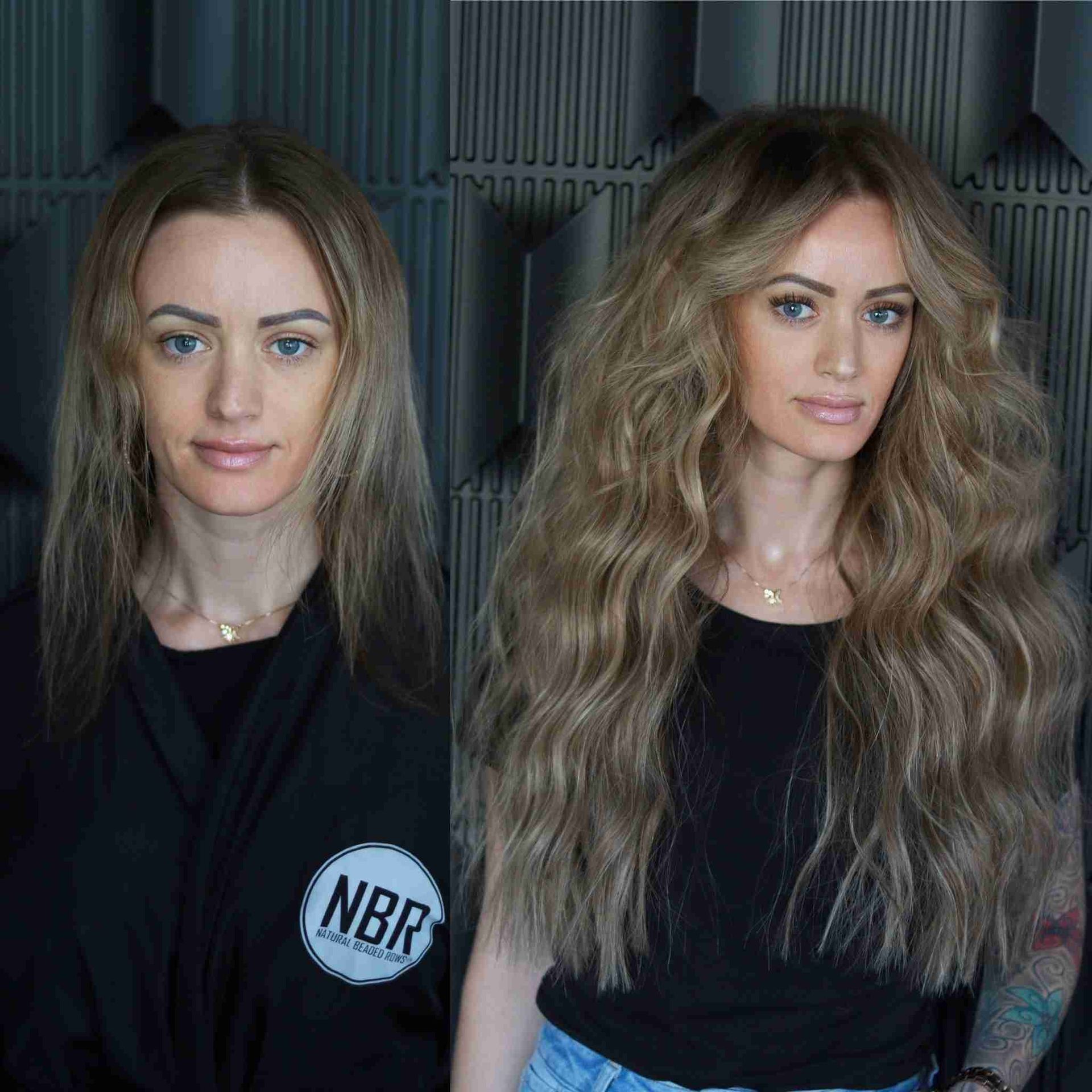 Two women with long hair are standing next to each other.