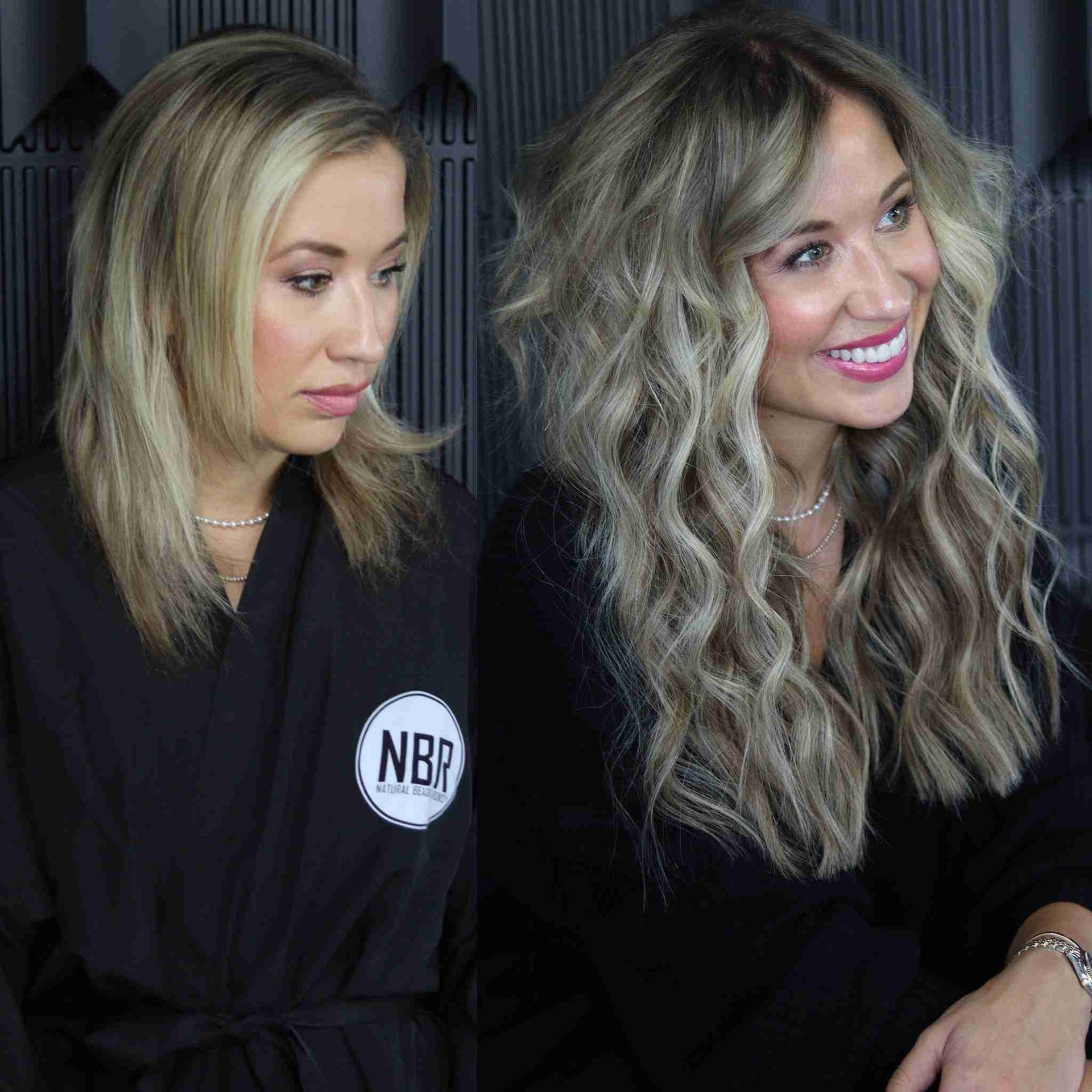 Two women are standing next to each other with one wearing a robe that says nbr