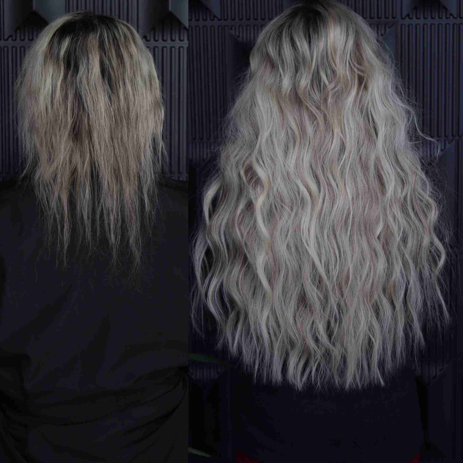 A before and after photo of a woman 's hair extensions.