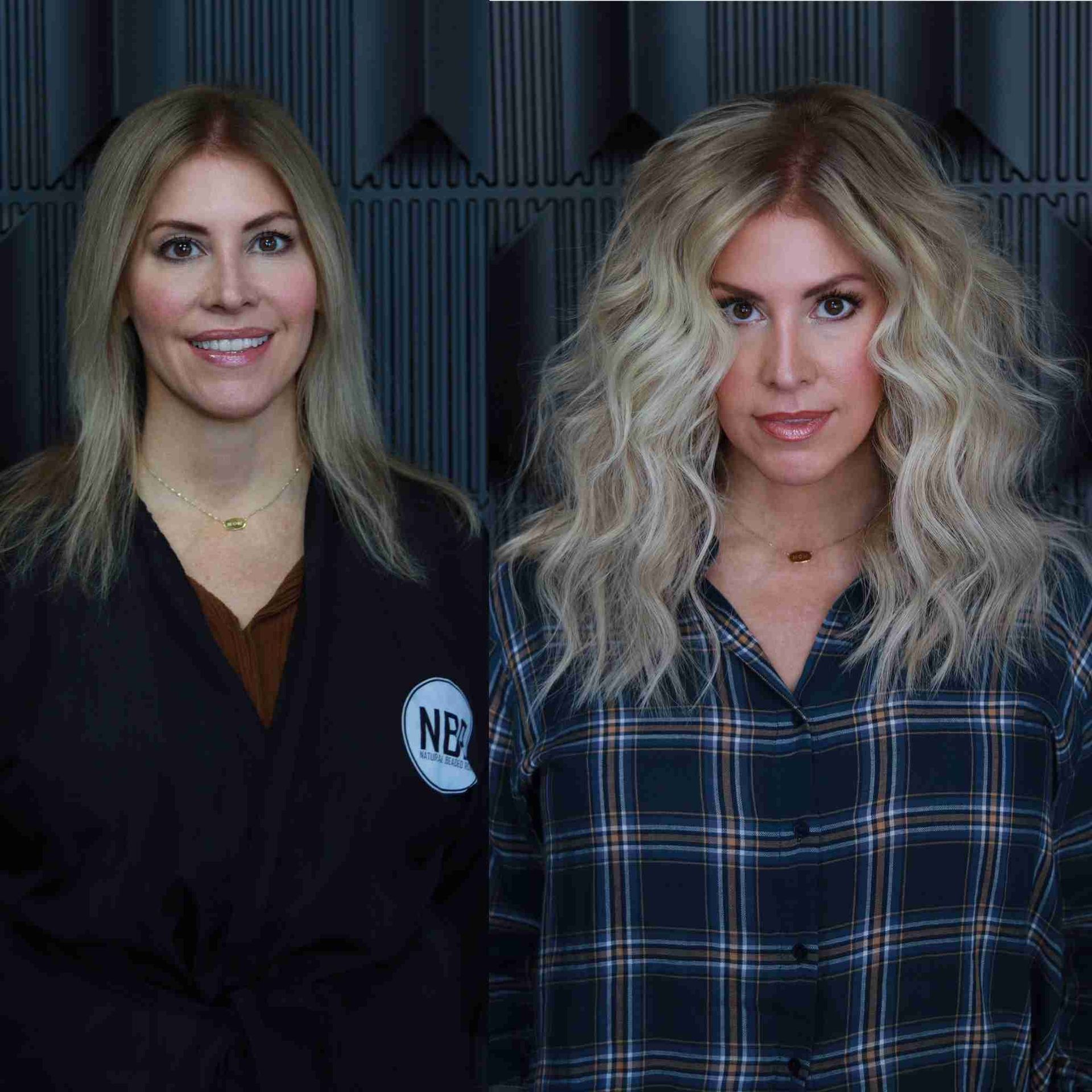 Two women with blonde hair are standing next to each other in a room.