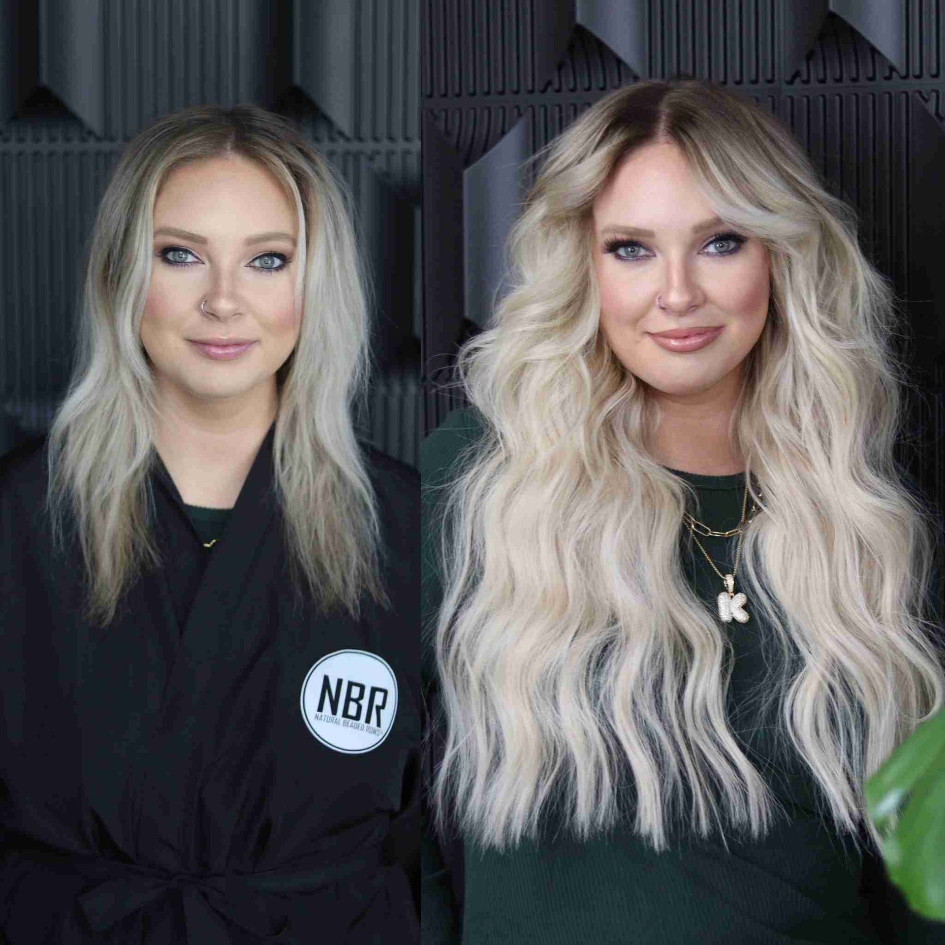Two women with long blonde hair are standing next to each other.