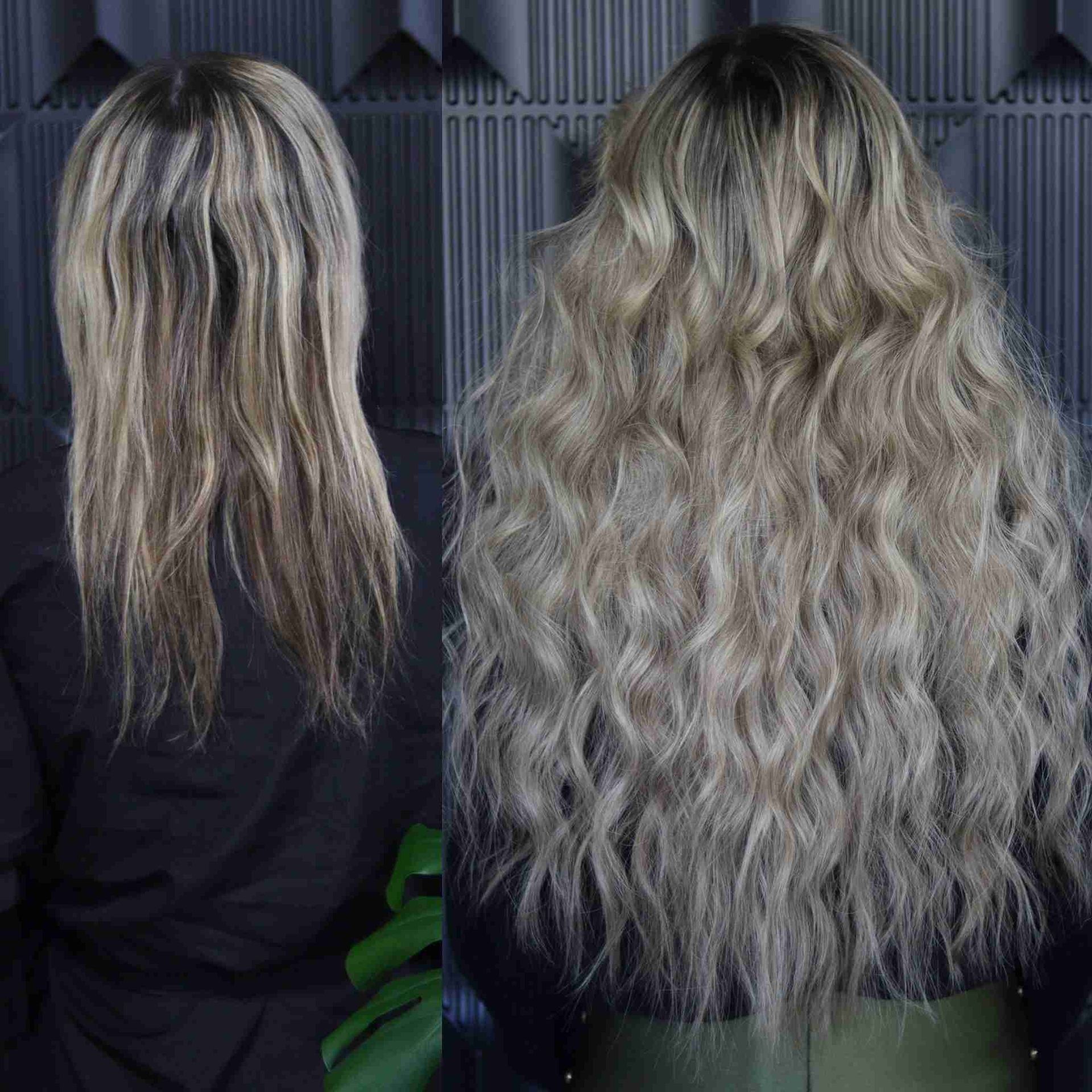 A before and after photo of a woman 's hair extensions.