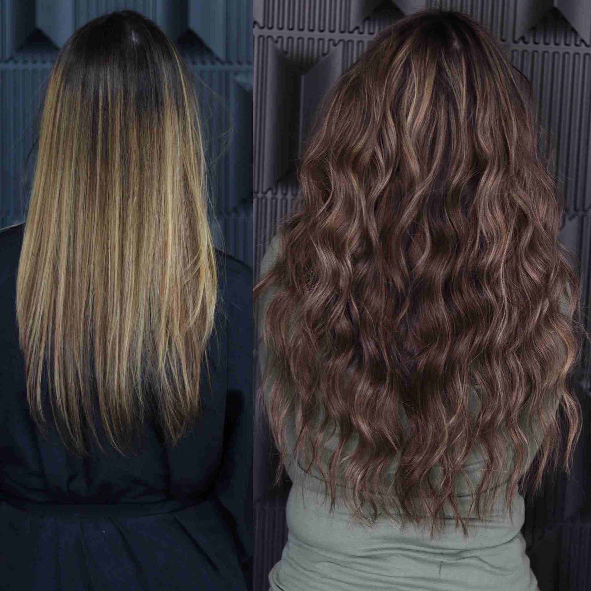 A before and after photo of a woman 's hair.