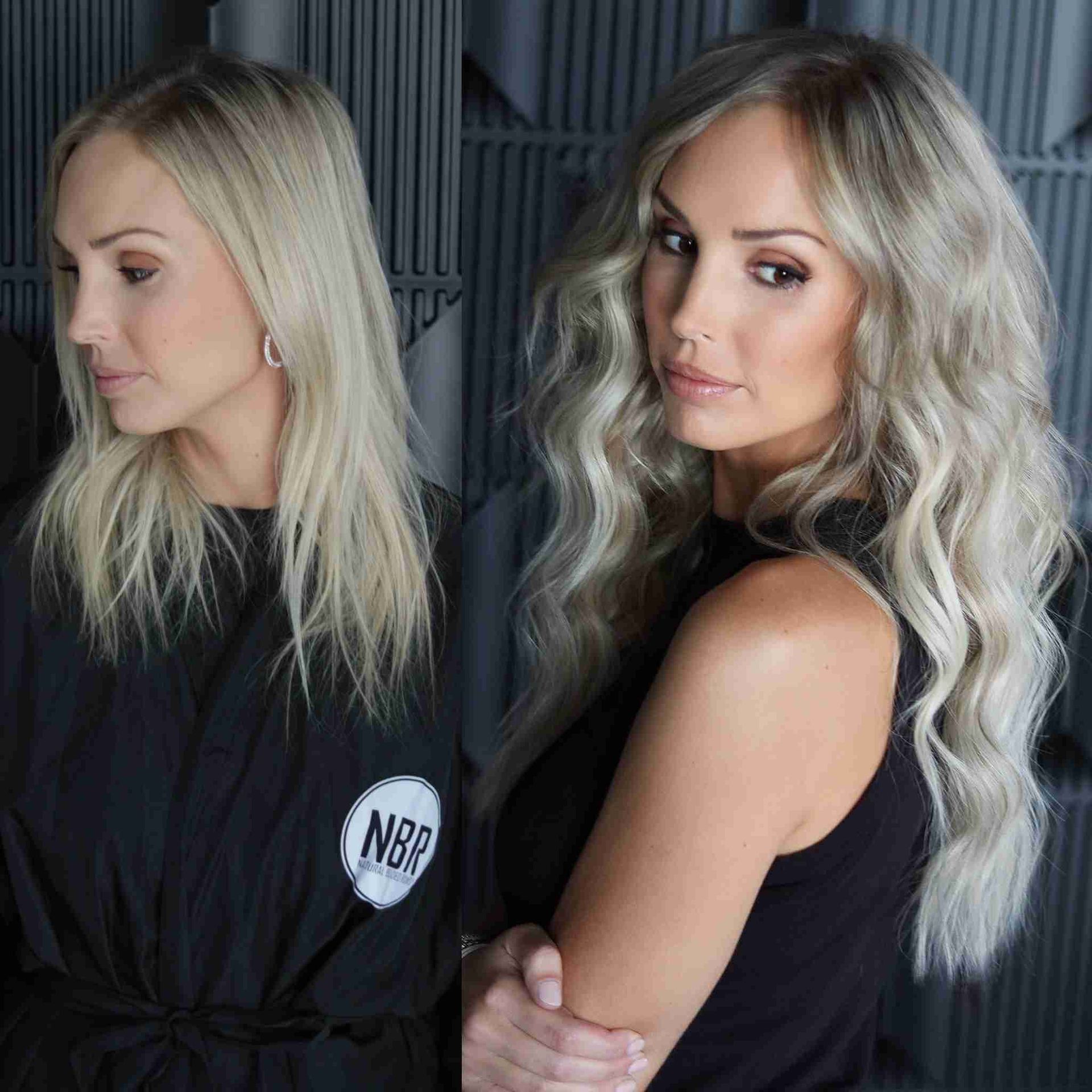 A before and after photo of a woman with blonde hair.