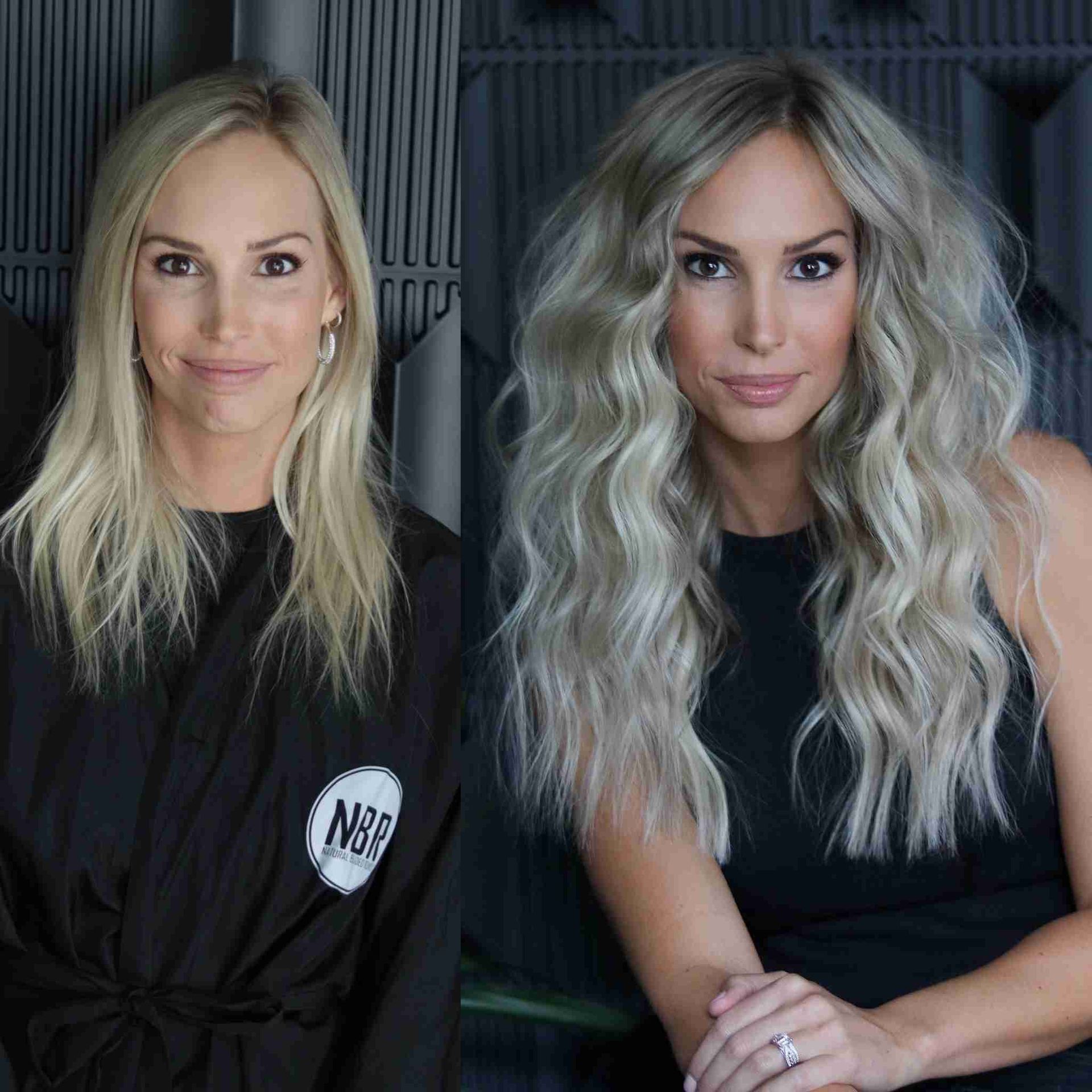A before and after photo of a woman with blonde hair